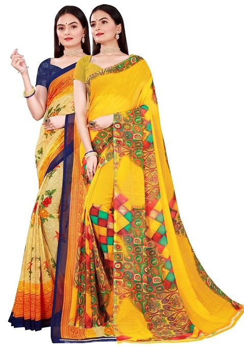 Yellow Embroidered Georgette Saree Set