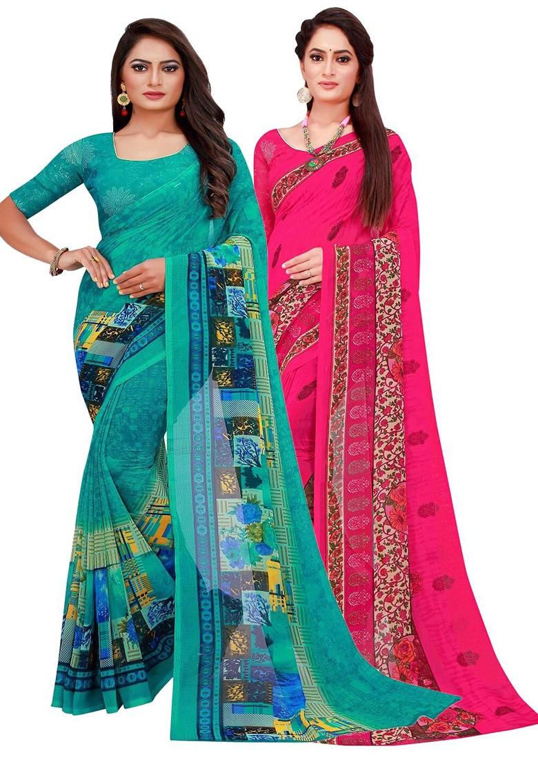 Turquoise Blue Embroidered Georgette Saree Set (Set Of 2)