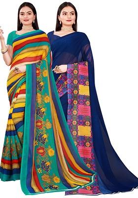 Navy Blue Embroidered Georgette Saree Set