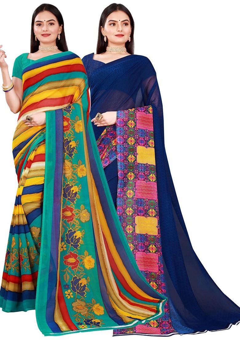 Navy Blue Embroidered Georgette Saree Set