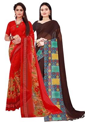 Brown Embroidered Georgette Saree Set