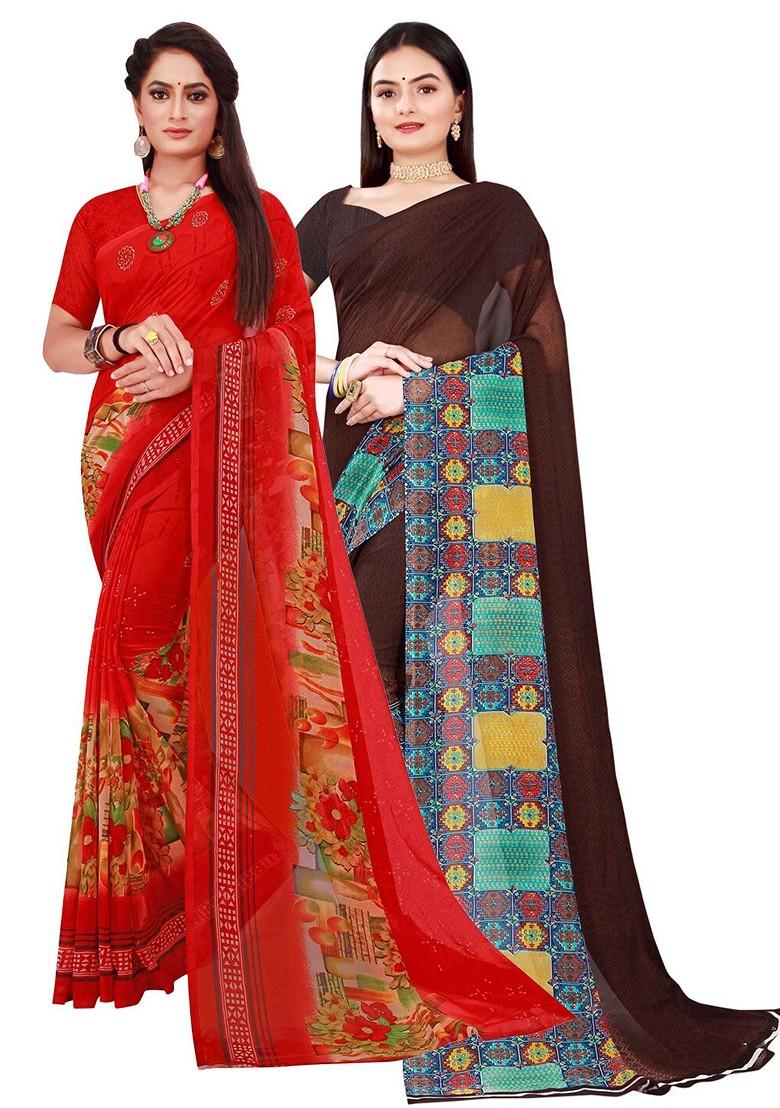 Brown Embroidered Georgette Saree Set