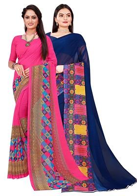 Pink Printed Georgette Saree Set (Set Of 2)