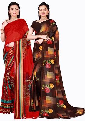 Brown Embroidered Georgette Saree Set (Set Of 2)