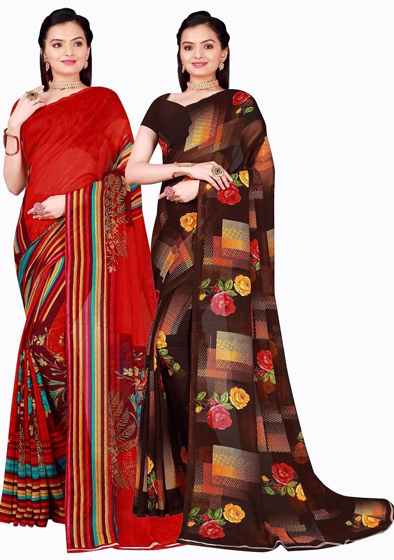 Brown Embroidered Georgette Saree Set (Set Of 2)