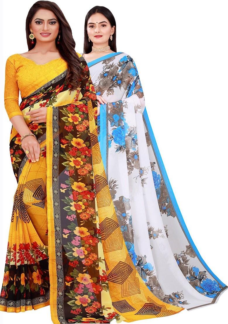 Yellow Embroidered Georgette Saree Set (Set Of 2)