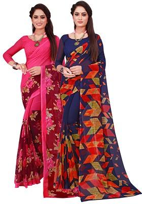 Navy Blue Printed Georgette Saree Set (Set Of 2)