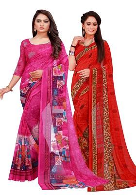 Magenta Embroidered Georgette Saree Set (Set Of 2)