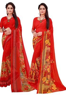 Red Printed Georgette Saree Set (Set Of 2)