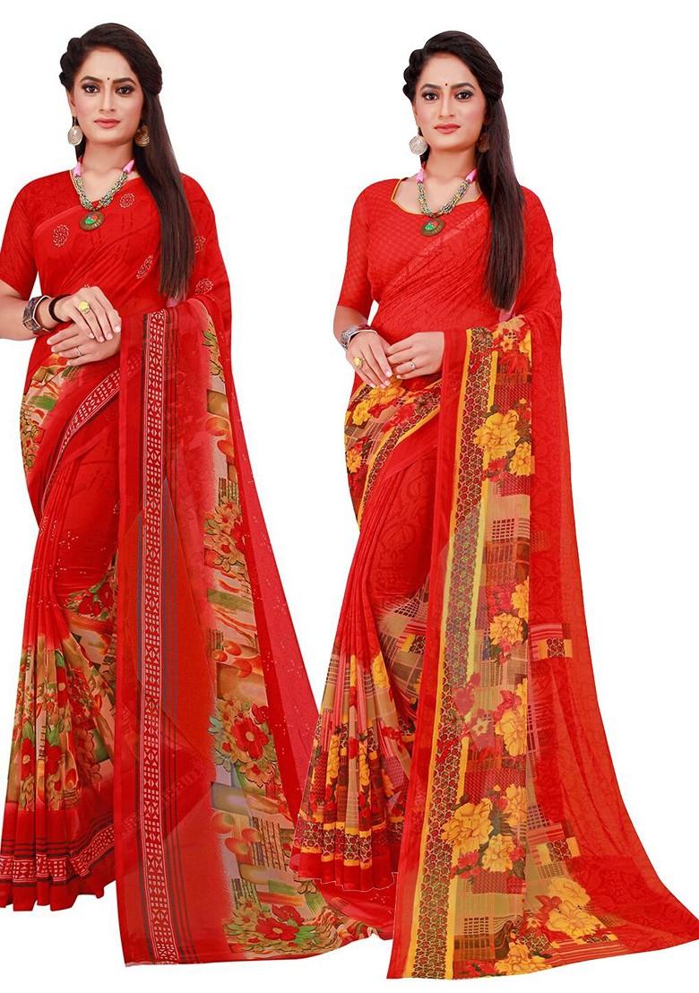 Red Printed Georgette Saree Set (Set Of 2)
