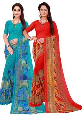 Turquoise Blue Floral Georgette Saree Set (Set Of 2)