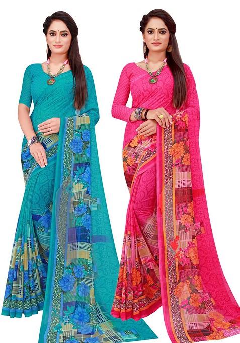 Red Floral Georgette Saree Set