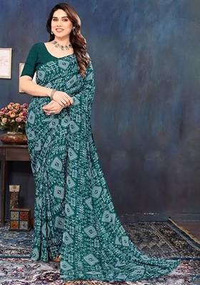 Turquoise Blue Printed Georgette Saree Set