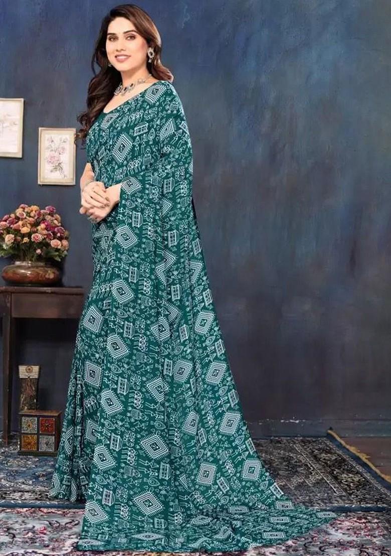 Turquoise Blue Printed Georgette Saree Set