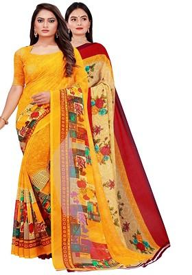 Beige Printed Georgette Saree Set (Set Of 2)