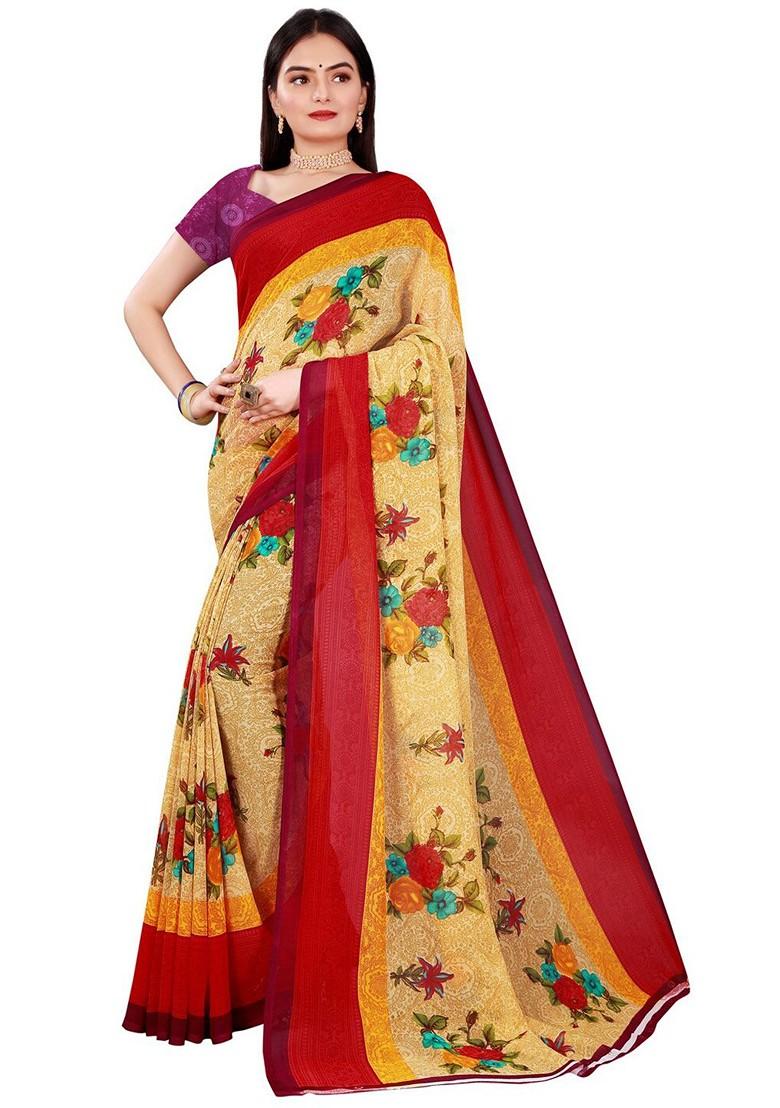 Beige Printed Georgette Saree Set (Set Of 2)