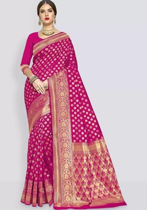 Magenta woven Silk Saree Set