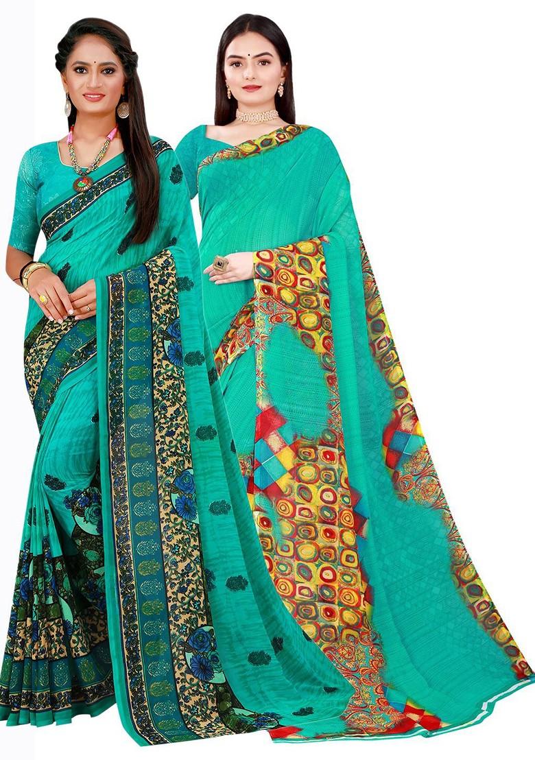 Turquoise Blue Embroidered Georgette Saree Set