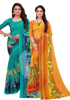 Yellow Embroidered Georgette Saree Set