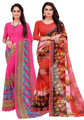 Magenta Embroidered Georgette Saree Set (Set Of 2)