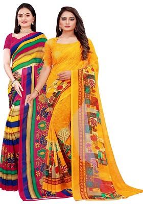 Navy Blue Embroidered Georgette Saree Set (Set Of 2)