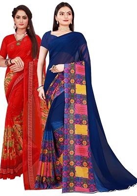Navy Blue Embroidered Georgette Saree Set