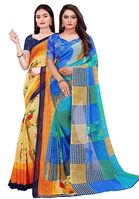 Yellow Printed Georgette Saree Set