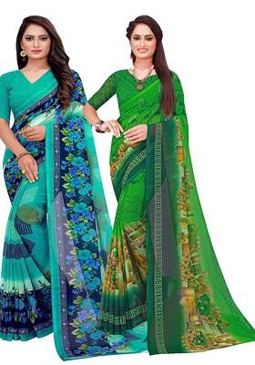 Turquoise Blue Floral Georgette Saree Set (Set Of 2)