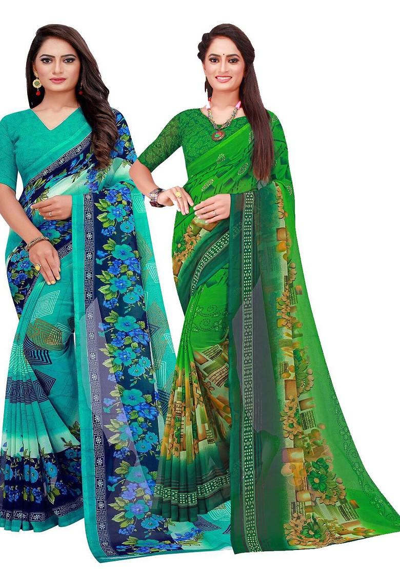 Turquoise Blue Floral Georgette Saree Set (Set Of 2)