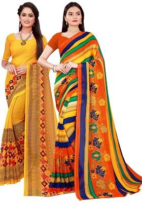 Yellow Embroidered Georgette Saree Set (Set Of 2)