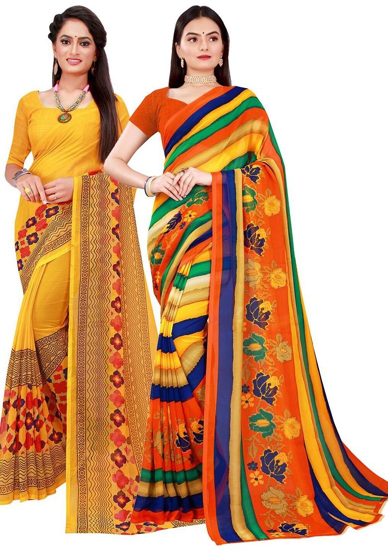 Yellow Embroidered Georgette Saree Set (Set Of 2)