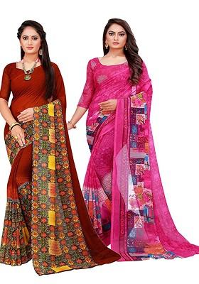 Pink Embroidered Georgette Saree Set (Set Of 2)