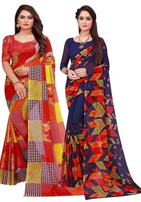 Navy Blue Printed Georgette Saree Set (Set Of 2)