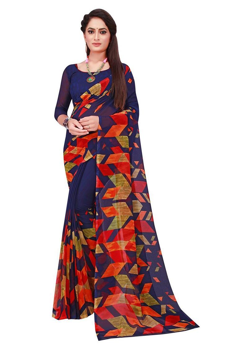 Navy Blue Printed Georgette Saree Set (Set Of 2)