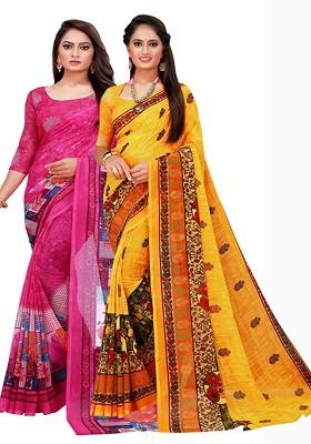 Magenta Printed Georgette Saree Set (Set Of 2)