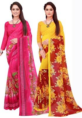 Pink Floral Georgette Saree Set (Set Of 2)