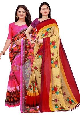Beige Floral Georgette Saree Set (Set Of 2)