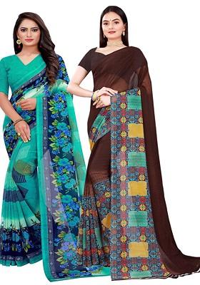 Sea Green Printed Georgette Saree Set (Set Of 2)