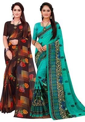 Black Embroidered Georgette Saree Set (Set Of 2)