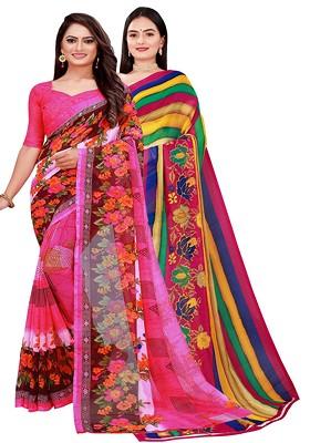 Pink Embroidered Georgette Saree Set (Set Of 2)