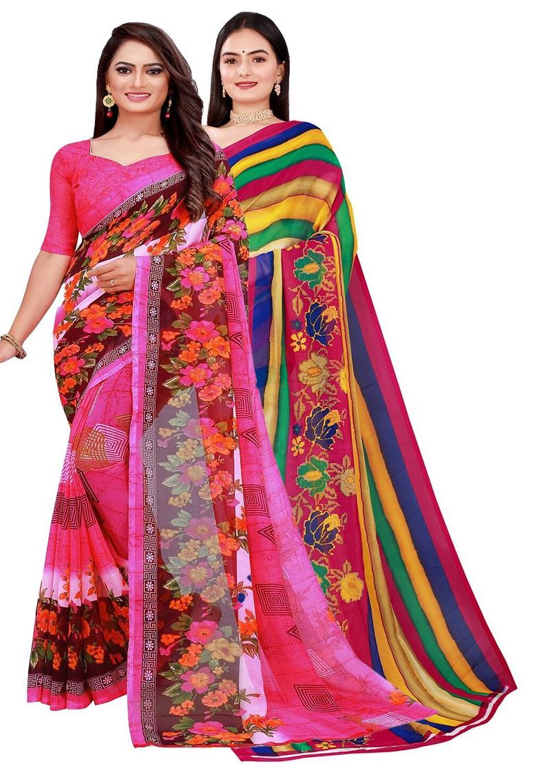 Pink Embroidered Georgette Saree Set (Set Of 2)