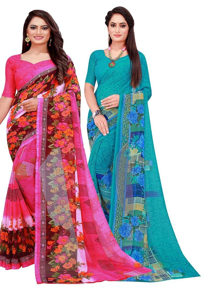 Teal Green Printed Georgette Saree Set (Set Of 2)
