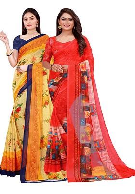Red Printed Georgette Saree Set (Set Of 2)