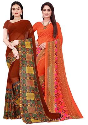 Orange Printed Georgette Saree Set (Set Of 2)