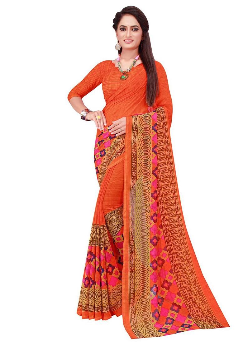Orange Printed Georgette Saree Set (Set Of 2)