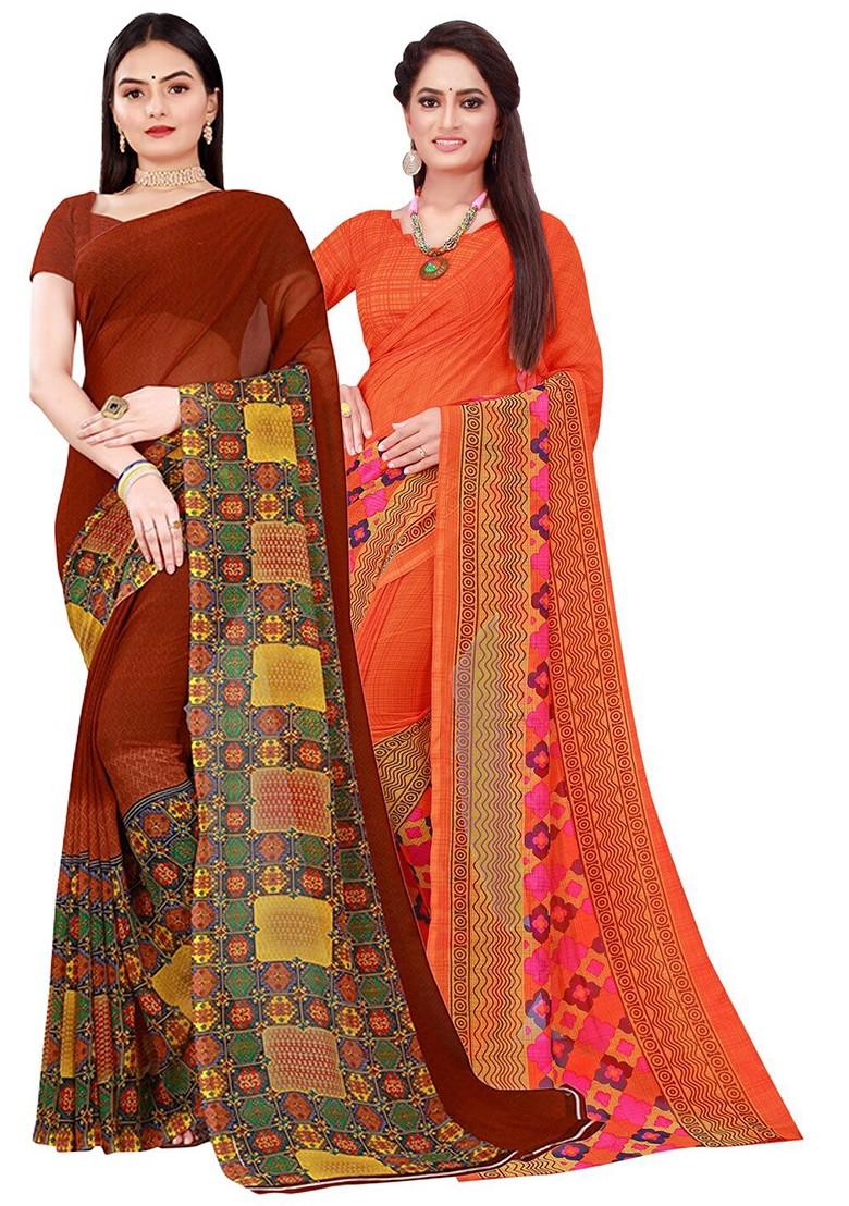 Orange Printed Georgette Saree Set (Set Of 2)