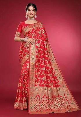 Red woven Silk Saree Set