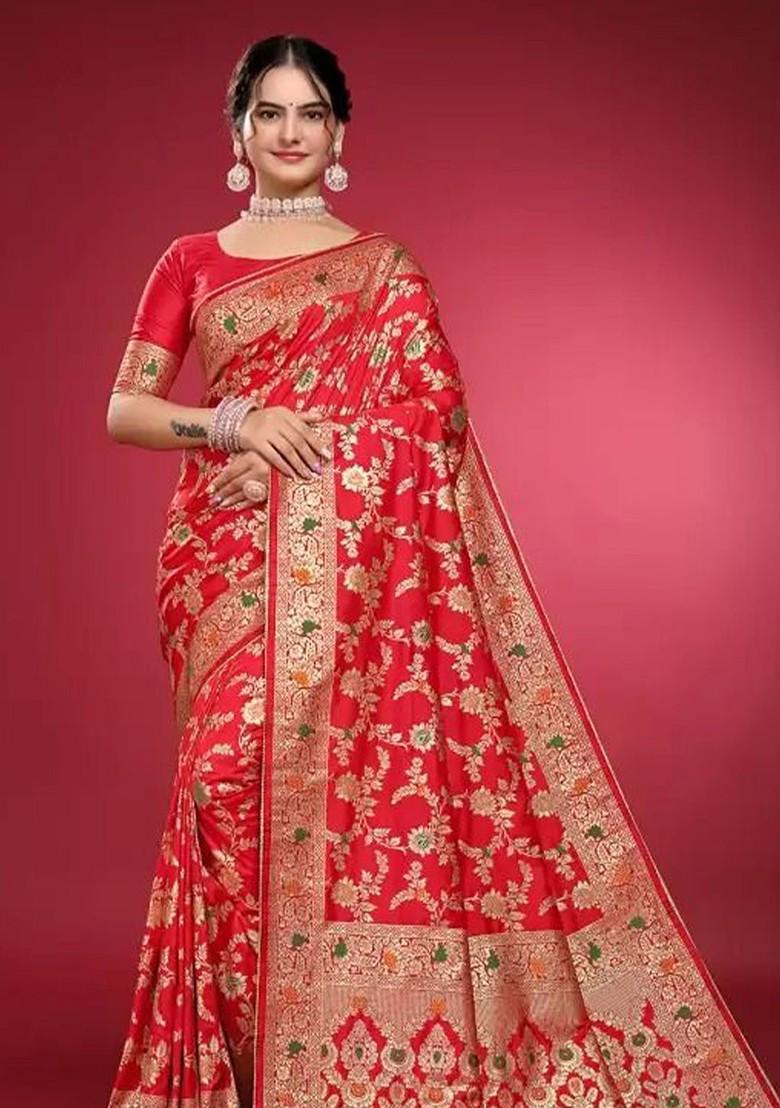 Red woven Silk Saree Set
