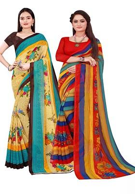 Beige Floral Georgette Saree Set (Set Of 2)
