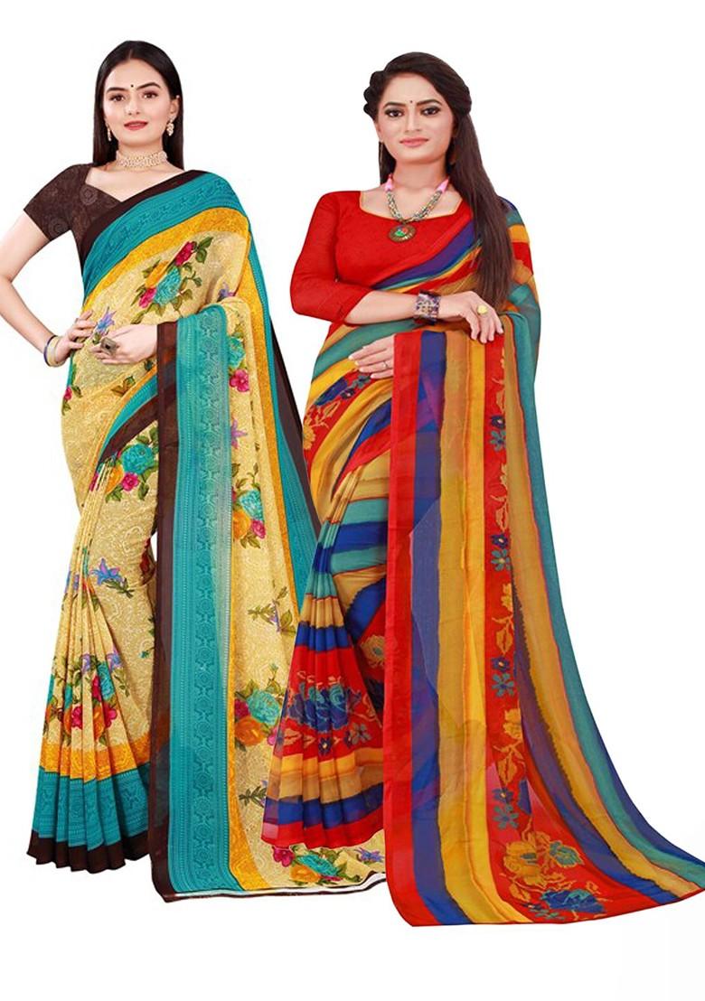 Beige Floral Georgette Saree Set (Set Of 2)